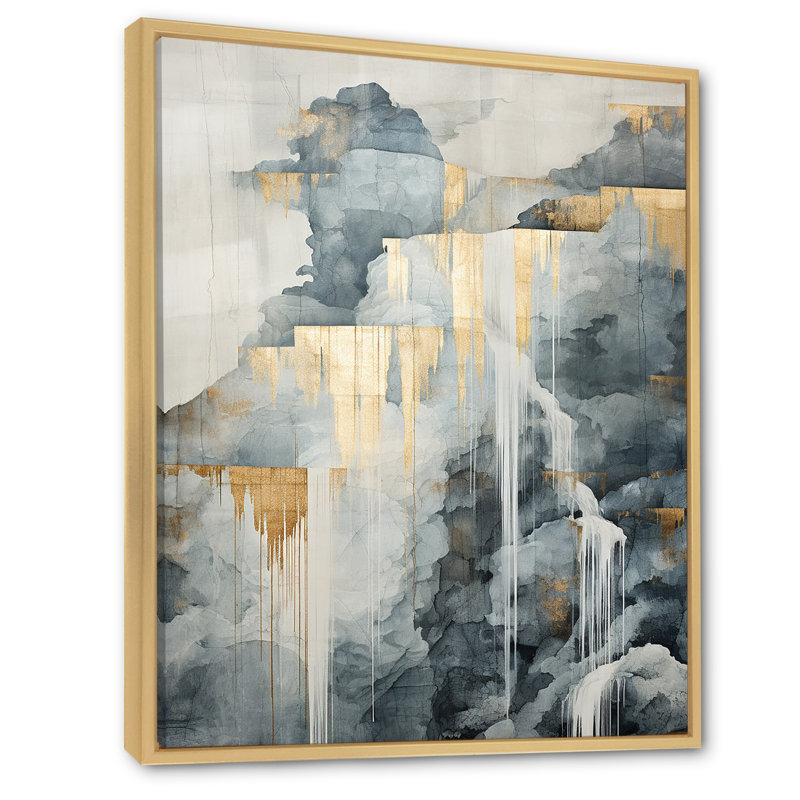 Or et gris cascade aventure sur toile, Cadre naturel flottant, H 20 po x l 12 po x P 1 po