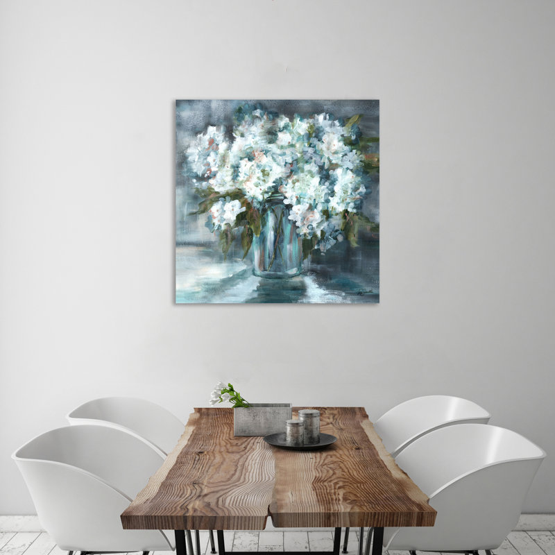 White Hydrangeas In Mason Jar II - Wrapped Canvas Painting, 30.5 cm H x 30.5 cm W