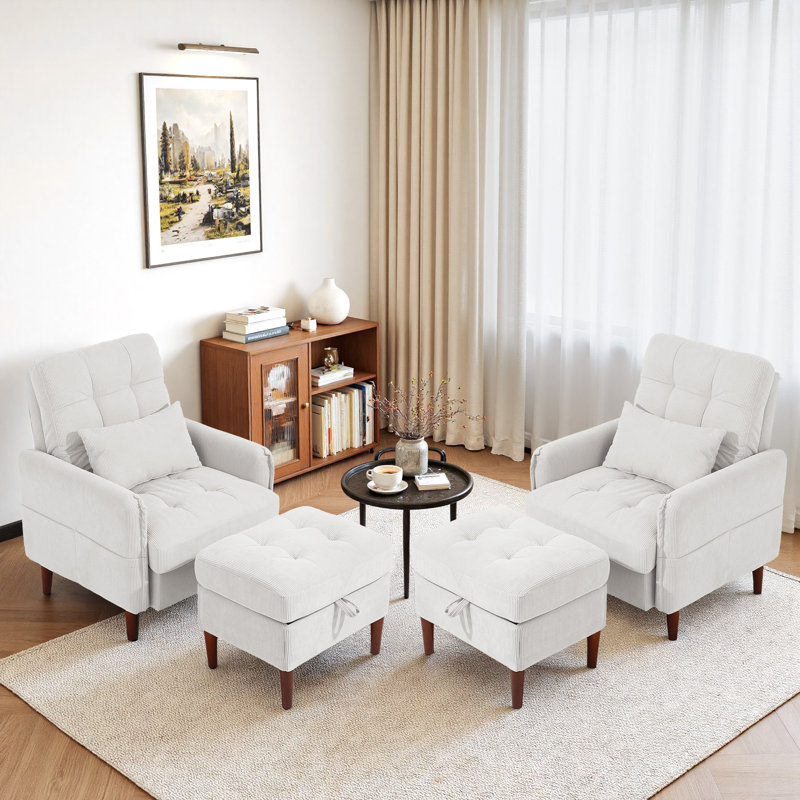 Upholstered Armchair with Footstool, White