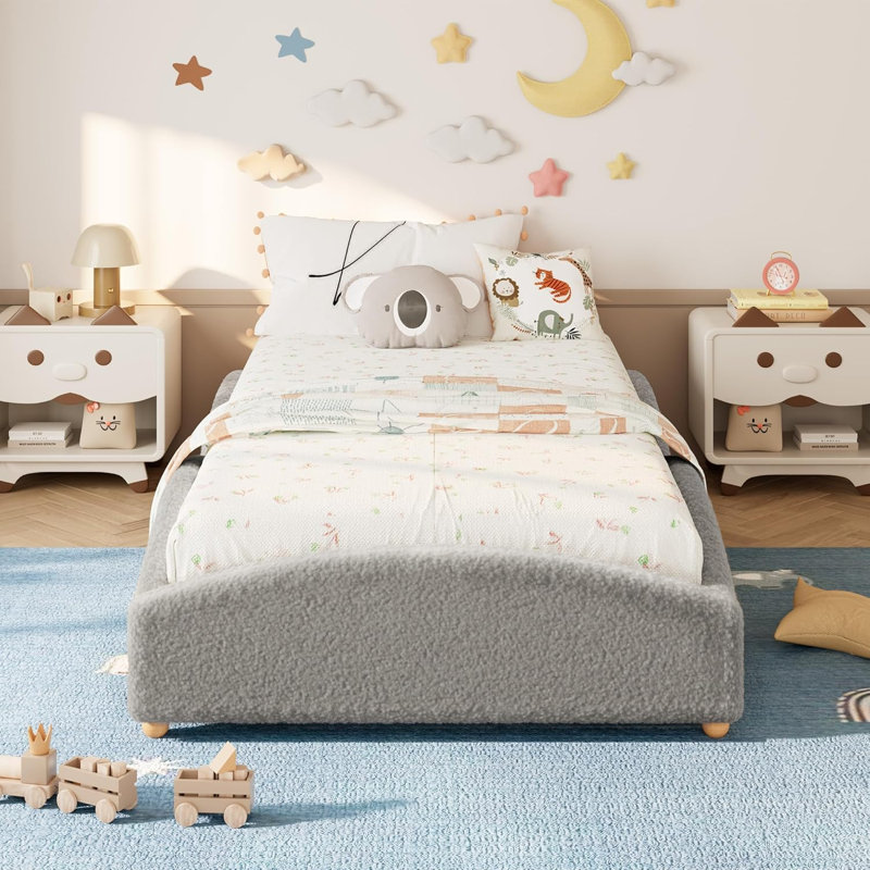 Lit simple pour enfant, garde-corps en nuage rembourré Teddy, plateforme basse, gris, Lit simple, Gris