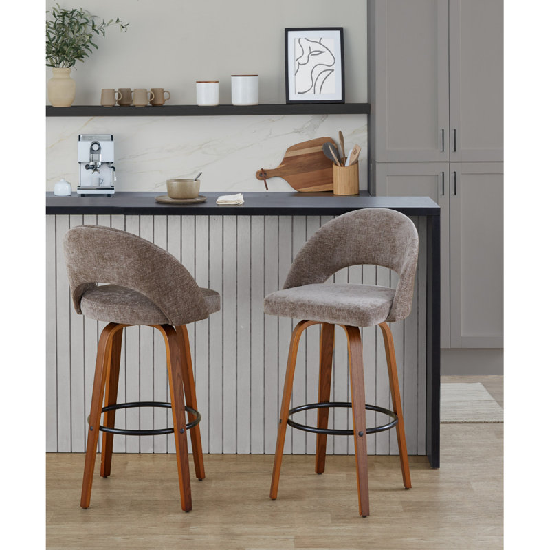 Tabouret de bar à hauteur fixe en bois de noyer et tissu brun avec repose-pieds rond en métal noir - ensemble de 2