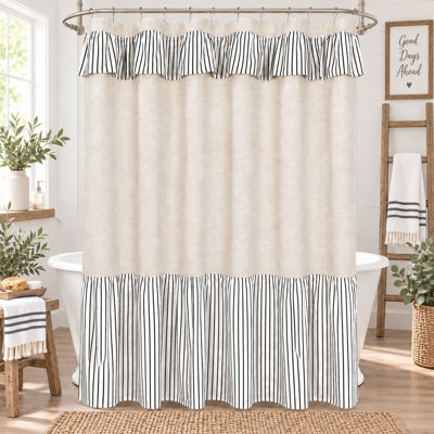 Rideau de douche à volants style ferme, patchwork de lin et rayures noires, décoration de salle de bain naturelle, tissage texturé pour salles de bain modernes et shabby chic, 183 x 183 cm