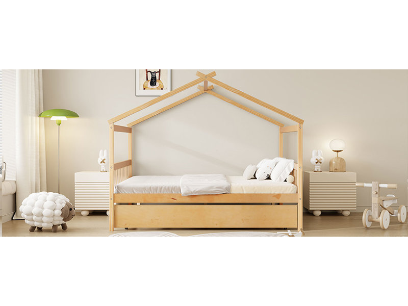Full Size Wooden House Bed With, Natural, Full, Natural