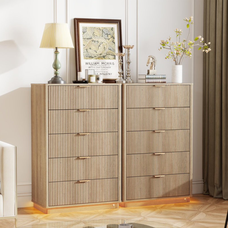 31.5" Wide Modern Chest Of Drawers With Lighting,Fluted Dresser For Bedroom With 5 Drawers, Yellow