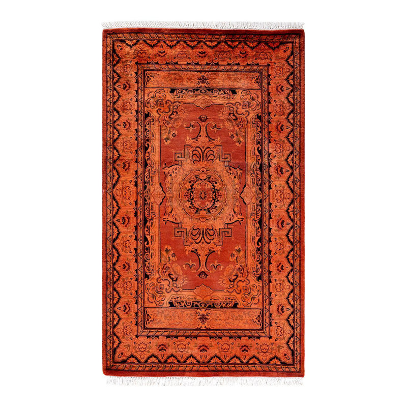 Burnt Orange Hand-Knotted Wool Floral Motif Area Rug