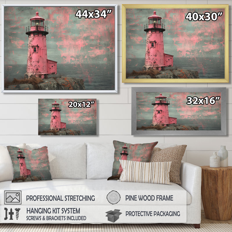 Art sur toile, phare rose et gris rétro, Cadre flottant brun, H 16 po x l 32 po
