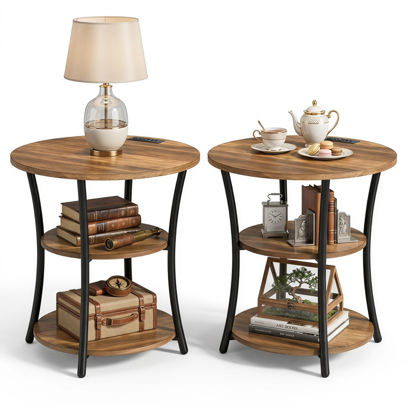 Ensemble de tables de bout rondes 2 pièces avec ports de charge USB, Rustic Oak