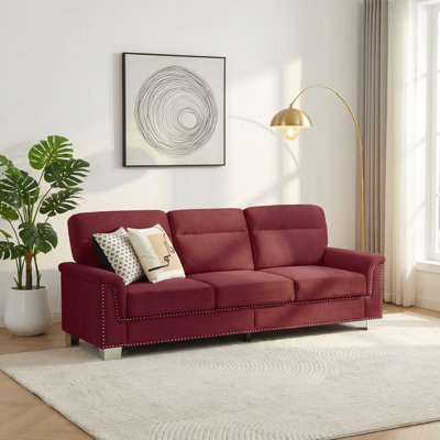 82-Inch Modern Compressed Velour Fabric Three-Seater Sofa, Suitable For Living Rooms And Bedrooms, Burgundy