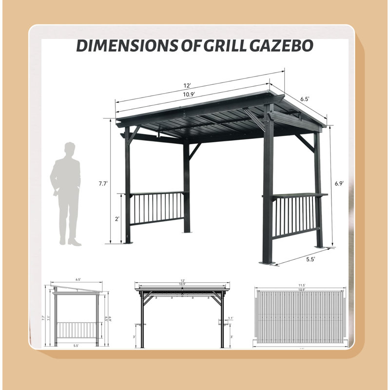 Outdoor BBQ Gazebo 6.5x12FT Hardtop w/ 2 Side Shelves, Steel Roof & Ceiling Hooks for Patio, Backyard, Gray