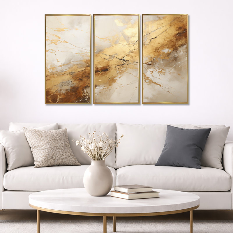 «Beige and Gold Marble Lightning I», ensemble d'art mural sur toile à formes abstraites, H 32 po x l 48 po x P 1 po