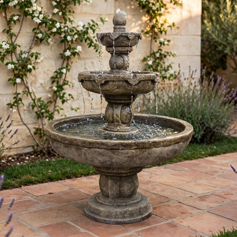 Santa Barbara Tiered Cast Stone Fountain, Ancient Stone