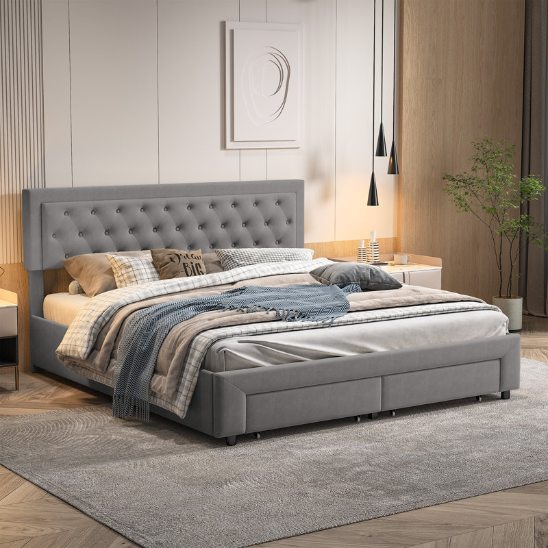 Upholstered Storage Bed, European Kingsize (160 x 200 cm), Grey