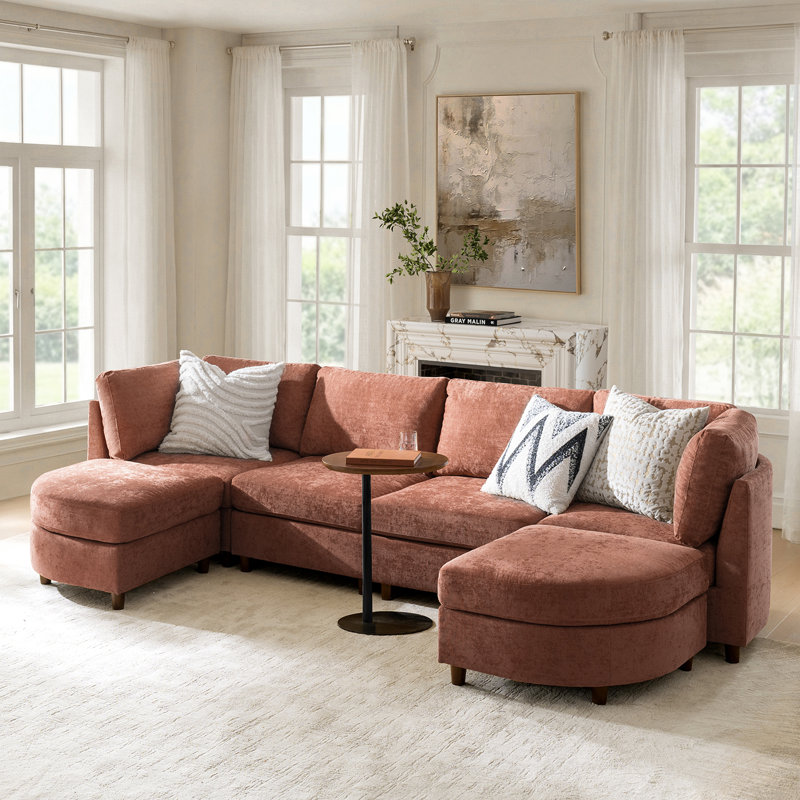 Canapé modulaire avec repose-pieds Dayman l 125 po, Chenille corail