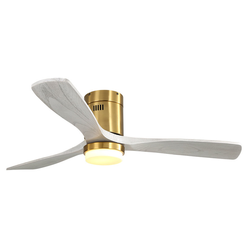 Ventilateur de plafond 52 pouces avec 3 lumières et 3 pales en bois massif, Or, Gris