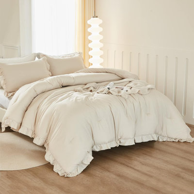 Comforter Full Size Set Beige, 3 Pieces Ruffle Lightweight Bedding Comforter Set, Fluffy Bed Set (79X90in Comforter, 2 Pillowcases)