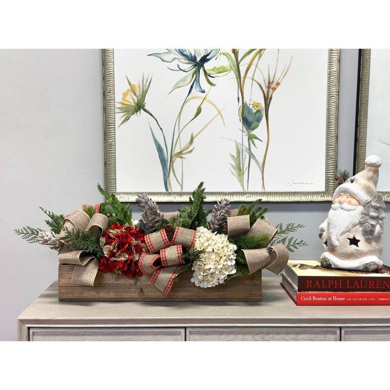 Hydrangea Holiday Arrangement With Evergreen And Bows In A Wood Planter