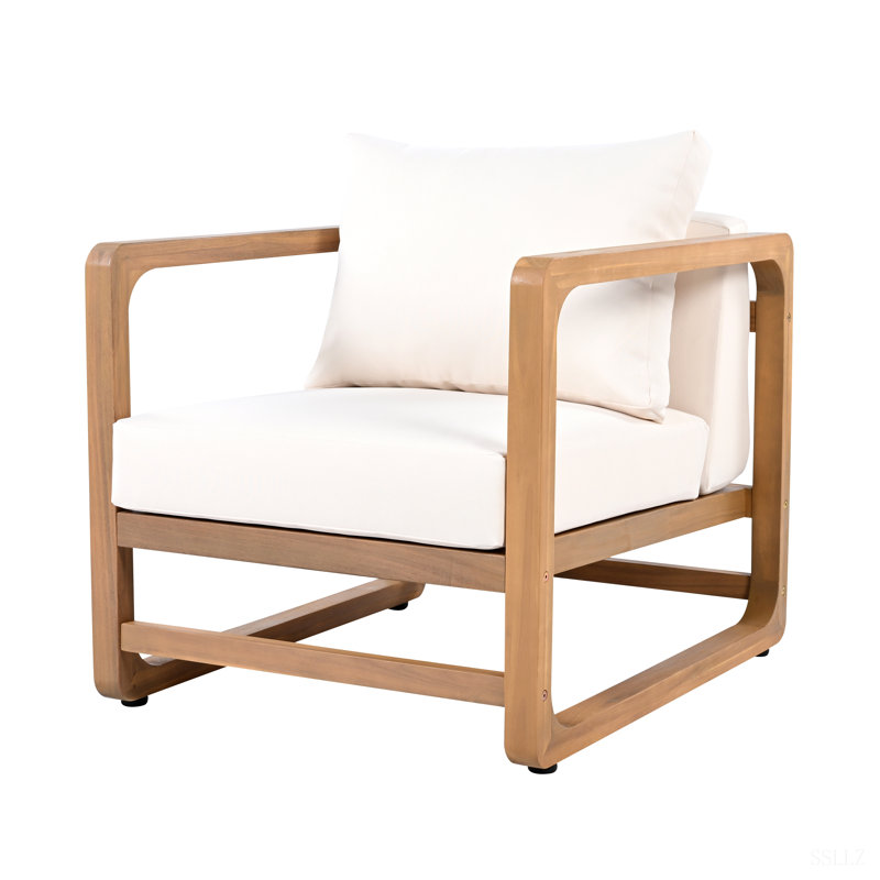 Outdoor Lounge Chair, Acacia Wood Club Chair, Oversized Seat With White Cushion Set