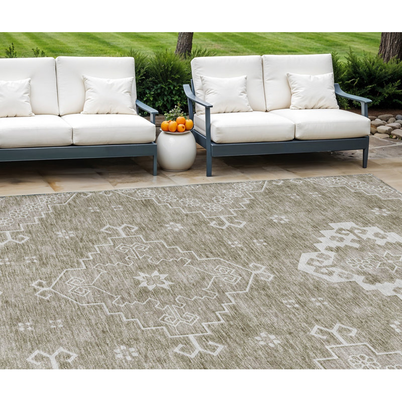 Tapis intérieur / extérieur lavable beige / ivoire 9 'x 12' Medallion