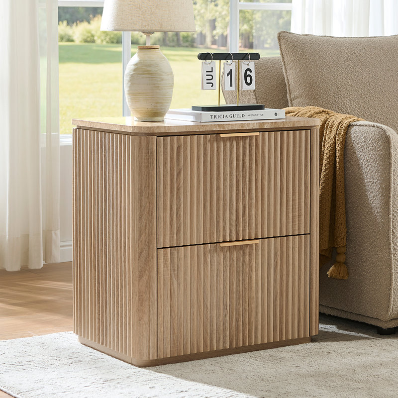  Nightstand with 2-Drawer, Wood  Fluted Bedside Table with 1.97"-Thick Side Panels and Faux Marble Top, Oak, Individual