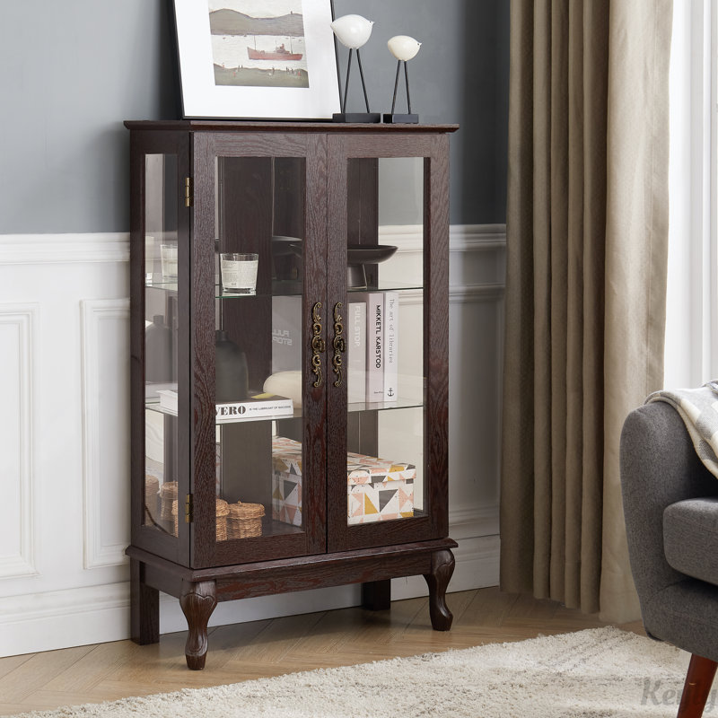 2 portes vitrées éclairées avec panneau arrière en miroir et tablettes réglables, Cerisier