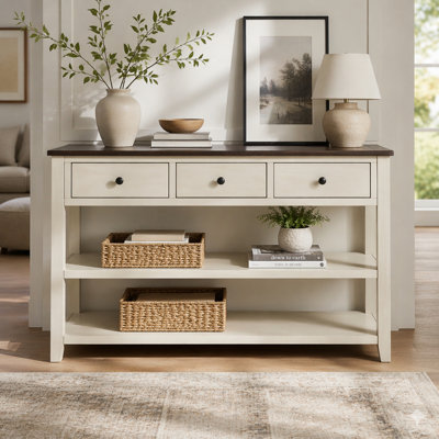 Retro Design Console Table With Two Open Shelves, Pine Solid Wood Frame And Legs