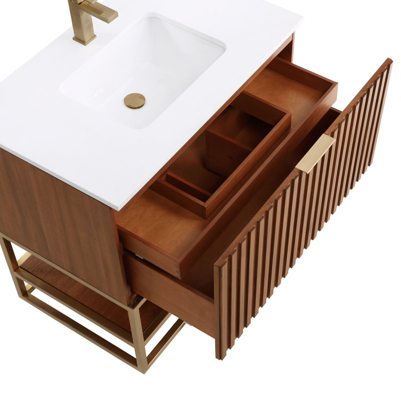 Terra 36'' Single Bathroom Vanity with Top, White Quartz/Single Faucet Mount, Walnut, Satin Brass