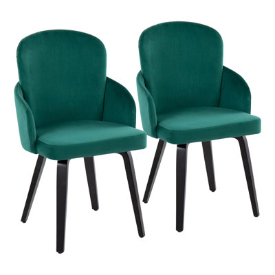Contemporary Dining Chair In Wood And Green Velvet With Gold Accent By - Set Of 2