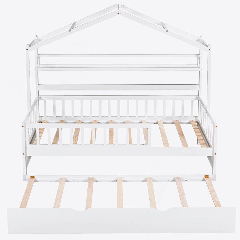 Lit simple en bois avec lit gigogne et tablette, parfait pour jouer et dormir, blanc