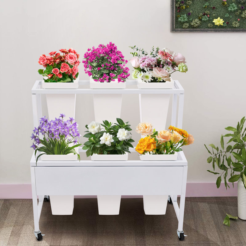 2-Tier Flower Display Stand With 6Pcs Buckets, White