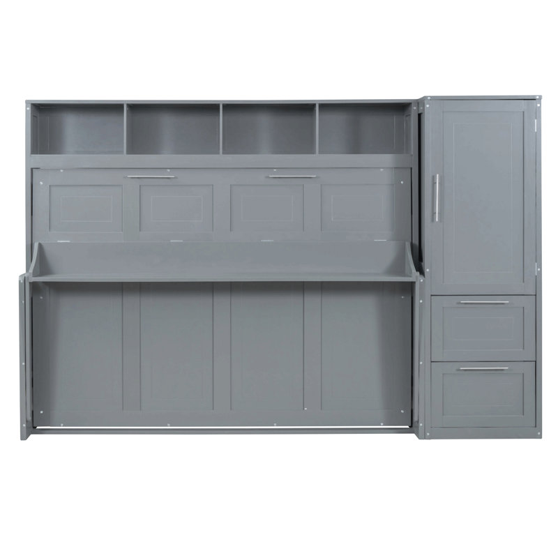Grand lit escamotable mural avec placard et tiroirs, Gris