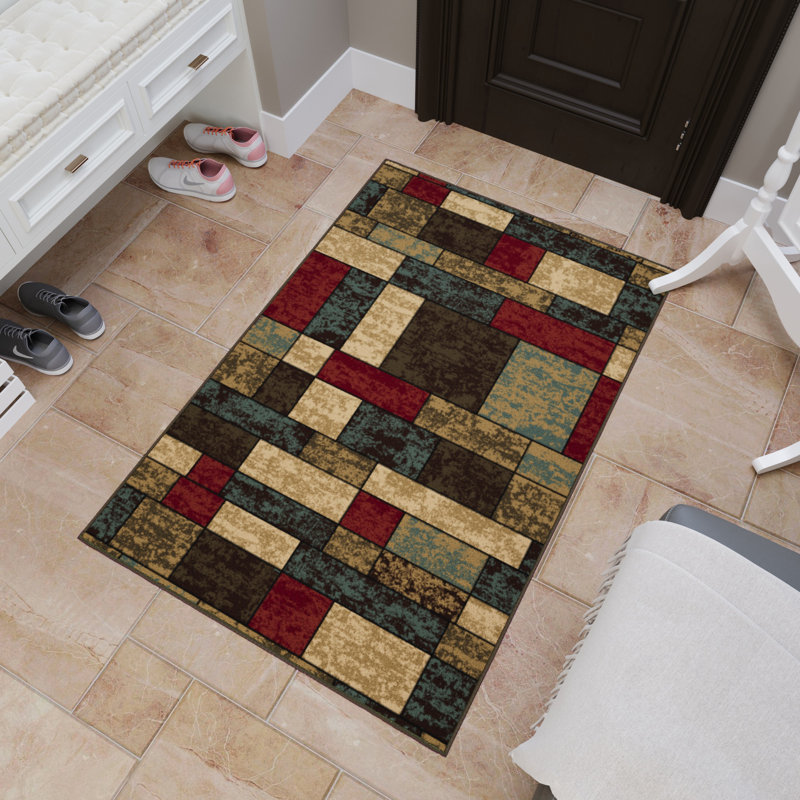 Ottohome Non-Slip Boxes Area Rug For Living Room, Hallway, Entryway Rug, Rectangle 3'3" x 5'