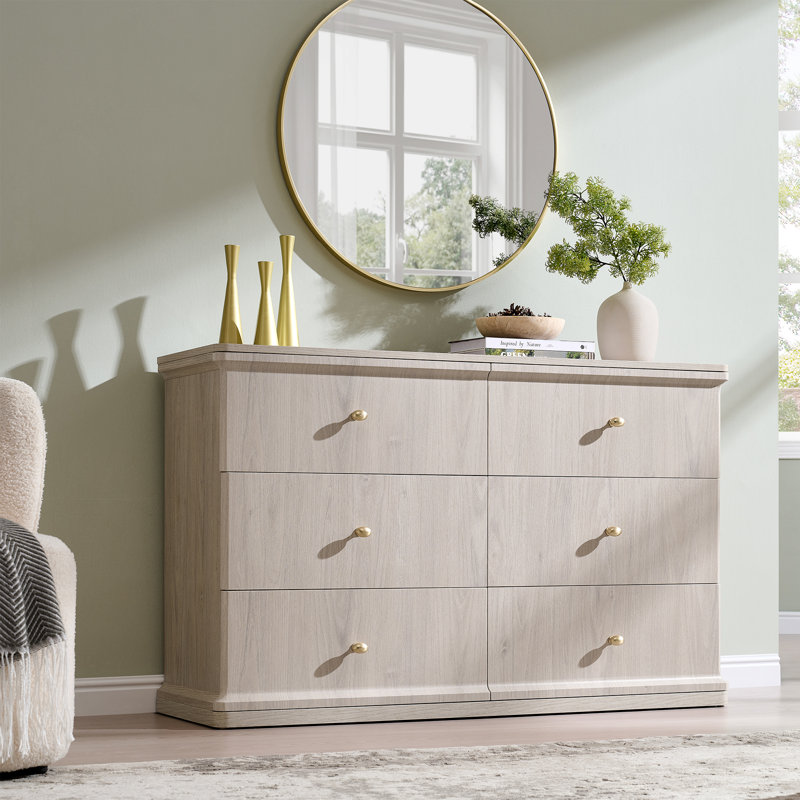 Abarca Modern 6 Drawers Dresser for Bedroom, 47" Wide Wood Dressers & Chests of Drawers w/Curved Waterfall Design,Cream, 6