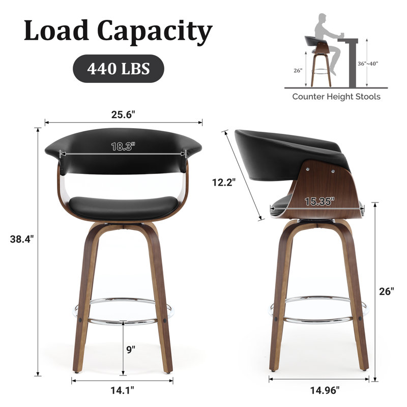 Tabouret de bar et de comptoir pivotant Draymond, Noir, Tabouret de comptoir (siège d'une hauteur de 26 p