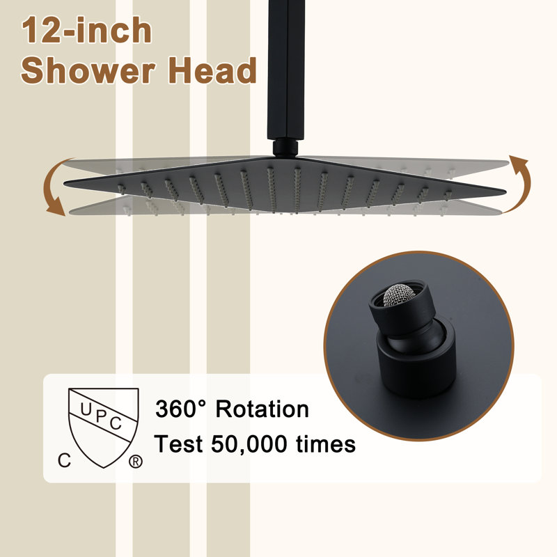3 Functions 12 Inch Ceiling Mounted Thermostatic Shower System with 6 Body Jets, Matte Black