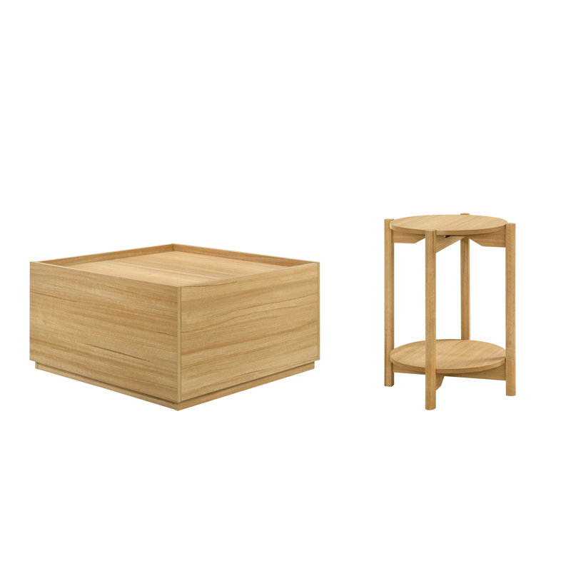 Ensemble de 2 tables basses carrées de rangement et table d'appoint ronde, ensemble de table de salon en bois de style transitionnel avec 2 tiroirs latéraux et table d'appoint ouverte
