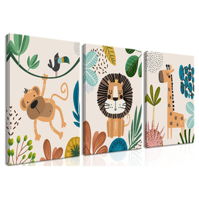 Wall Decor Set Of 3 - Framed Animal Canvas Wall Art For Baby Room, Toddler Boy Or Girl Bedroom, Cute Safari Themed Baby Nursery Decor 12X16in
