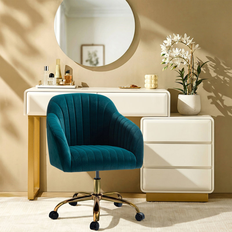 Adan Modern Velvet Task Chair with Wood Frame and Back, Teal Velvet