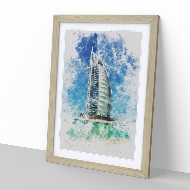 The Burj Al Arab in Dubai Vol.2 Watercolour - Picture Frame Graphic Art, 65cm H x 48cm W x 2cm D, Oak Framed