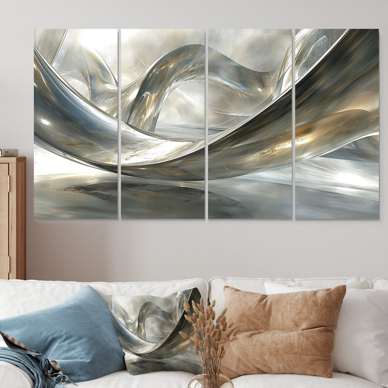 Diamant argenté ruisseaux - art mural vagues pour le salon 4 pièces, H 28 po x l 48 po
