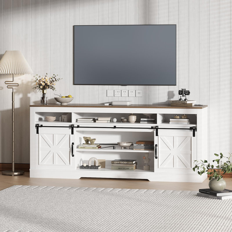 Farmhouse TV Stand for 75" Television, Entertainment Center with Semi-Open Storage & Barn Doors, Media TV Console Table with Adjustable Shelf for Living Room, 66" Width