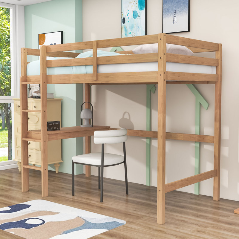 Lit mezzanine simple avec bureau d'étude intégré, barrière de sécurité et échelle, Chêne blanc