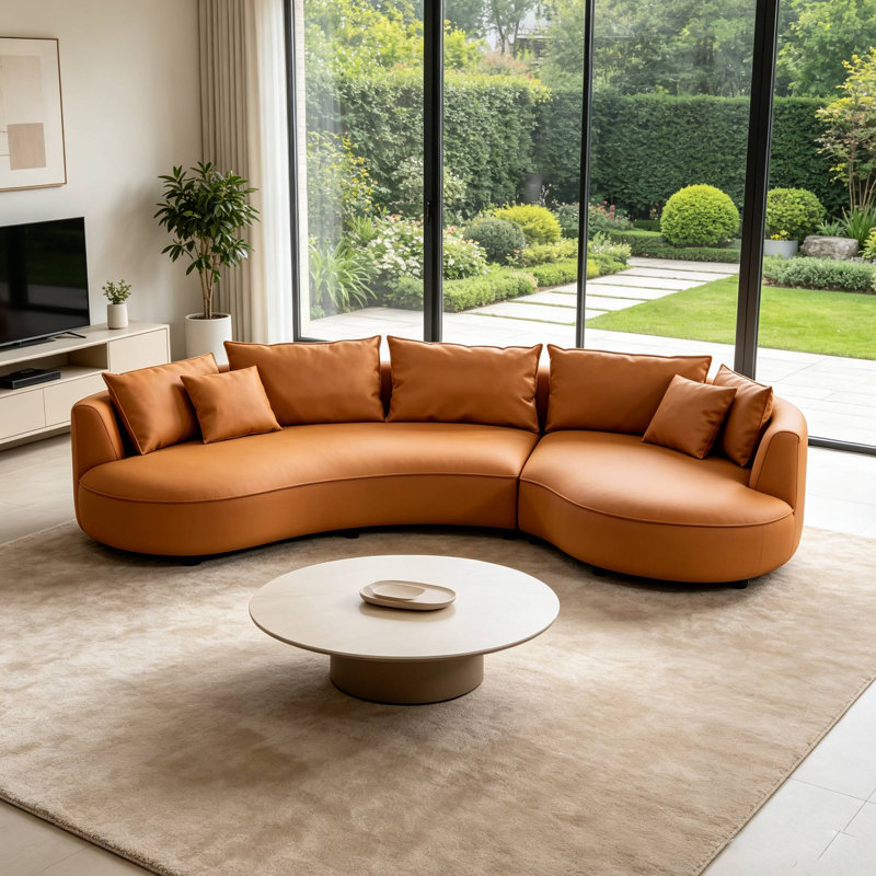 Canapé modulaire en cuir courbé de 128 po avec méridienne et 7 coussins, Orienté à droite, Similicuir orange
