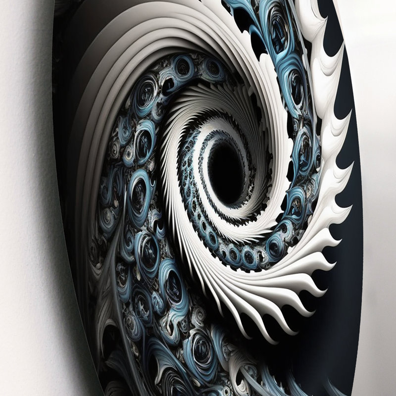 «Blue and White», art mural rond sur spirales abstraites sur métal, L 36 po x H 36 po