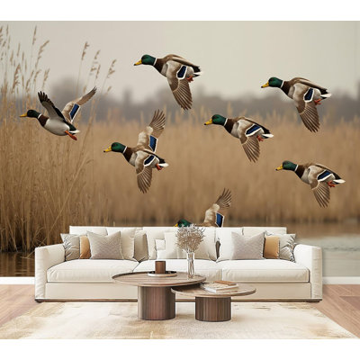 Peel and Stick Wallpaper Flock Mallard Ducks Flight Wetland Marshes Wall Murals 69"H x 96"W Removable PVC Wall Paper Self-Adhesive Wall Decor for Bedroom Living Room Home Office
