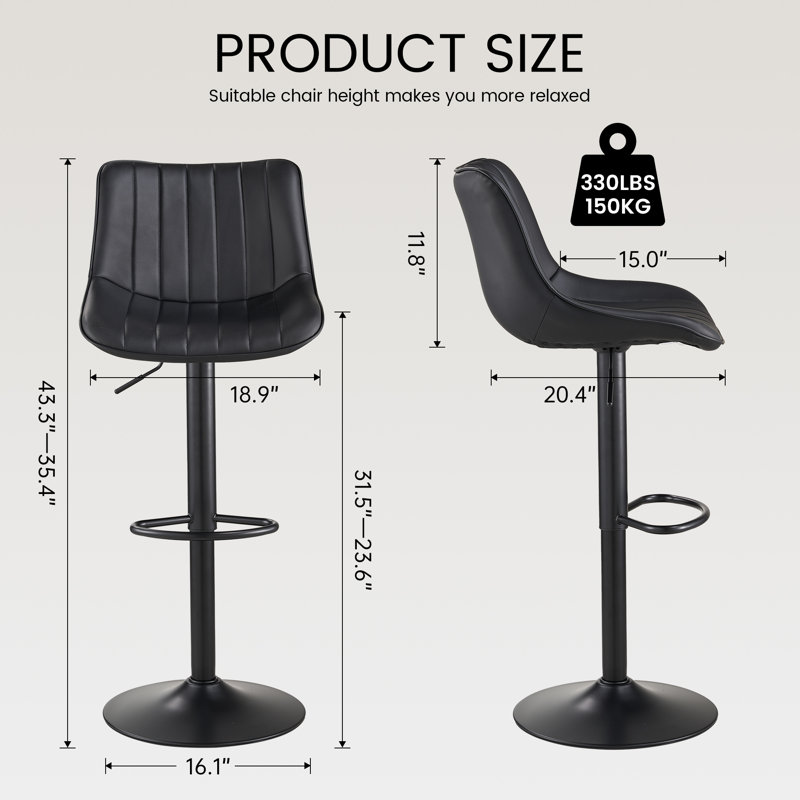 Tabourets de bar pivotants réglables, tabouret de bar à hauteur de comptoir avec repose-pieds, chaises de bar modernes en cuir synthétique pour îlot de cuisine, salle à manger, noir (ensemble de 2)