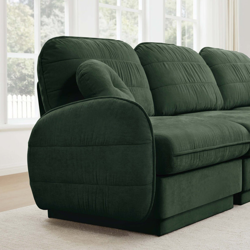 Canapé-lit en chenille vert avec coussins ronds et coussins de dossier matelassés, structure à 2 couches, pieds de cadre encastrés, conception ergonomique, assemblage facile, siège profond pour le salon