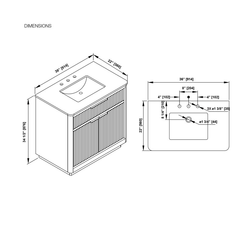 Meuble-lavabo autoportant blanc pur 36 po avec pierre d'ingénierie blanche Xander Xander, Noir mat