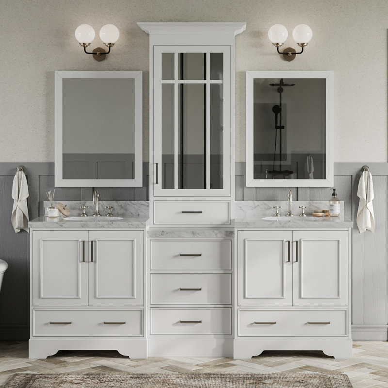 Ensemble de meuble-lavabo double 85 po avec miroir Abshire, Blanc