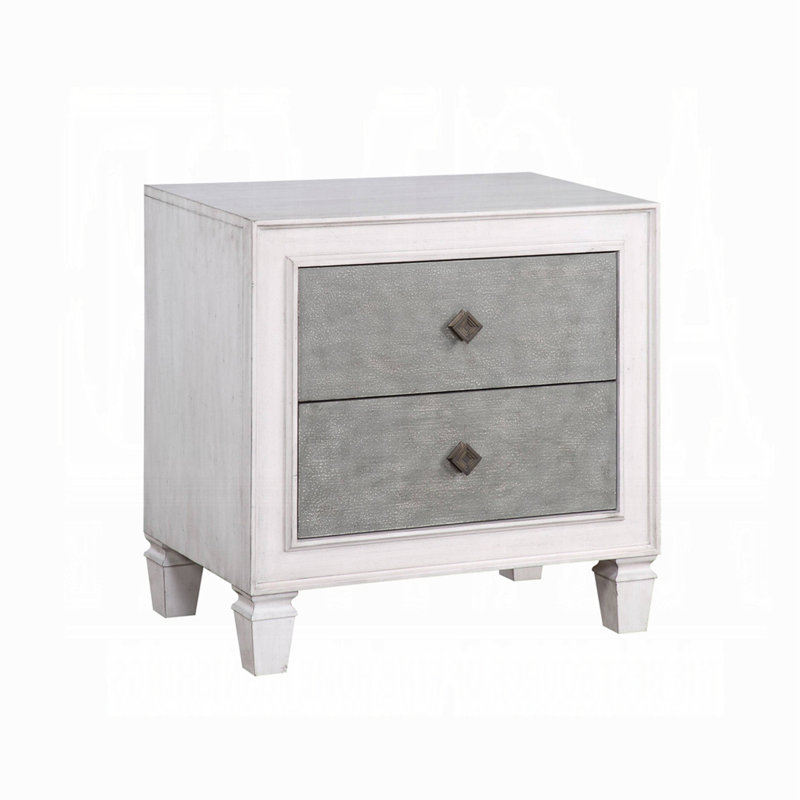 Table de chevet à finition bicolore avec 2 tiroirs, gris rustique et blanc vieilli