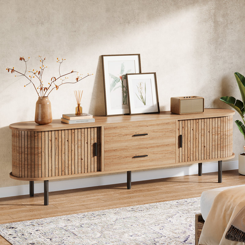 Meuble télé en bois manufacturé avec tablettes réglables, Oak Brown